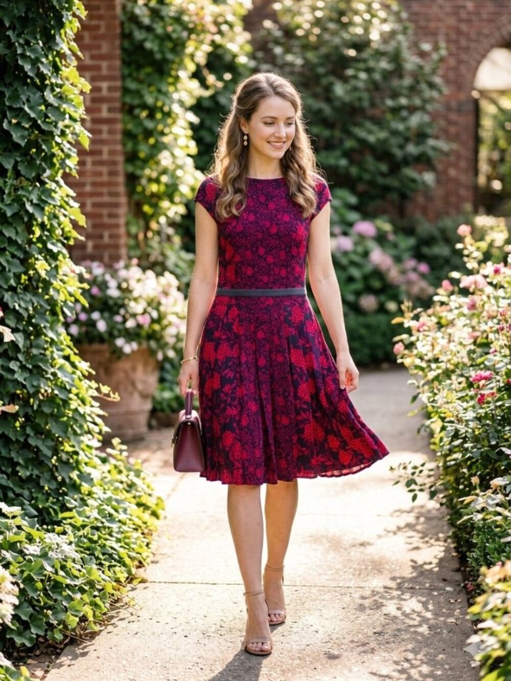 Tory Burch Red Black Floral Pleated Drop Waist Rayon Dress Size Small EUC
